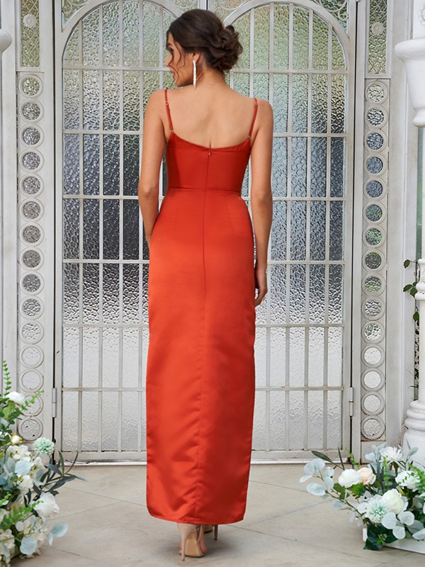 Sheath/Column Satin Ruched Spaghetti Straps Sleeveless Ankle-Length Bridesmaid Dresses 3025