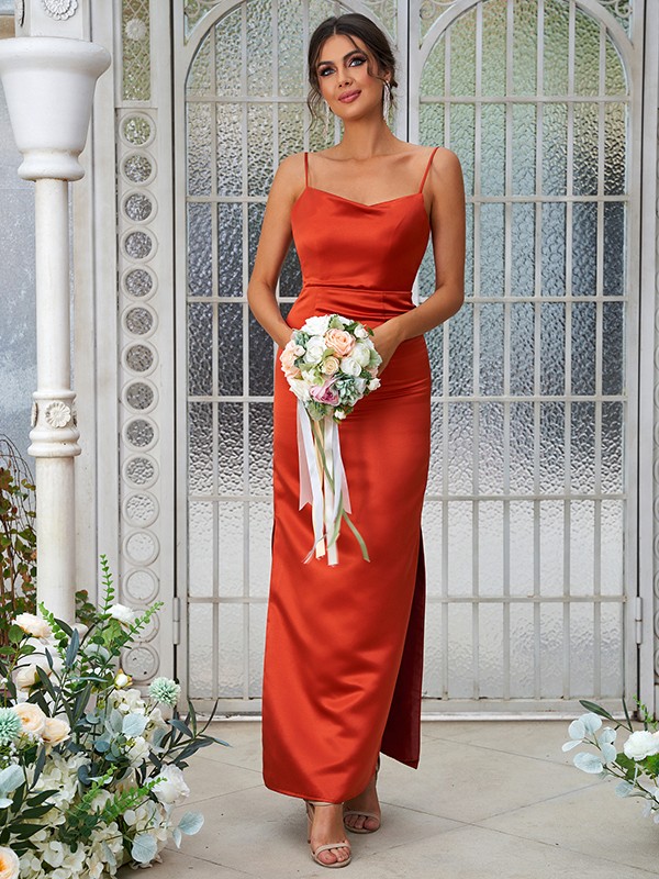 Sheath/Column Satin Ruched Spaghetti Straps Sleeveless Ankle-Length Bridesmaid Dresses 3025