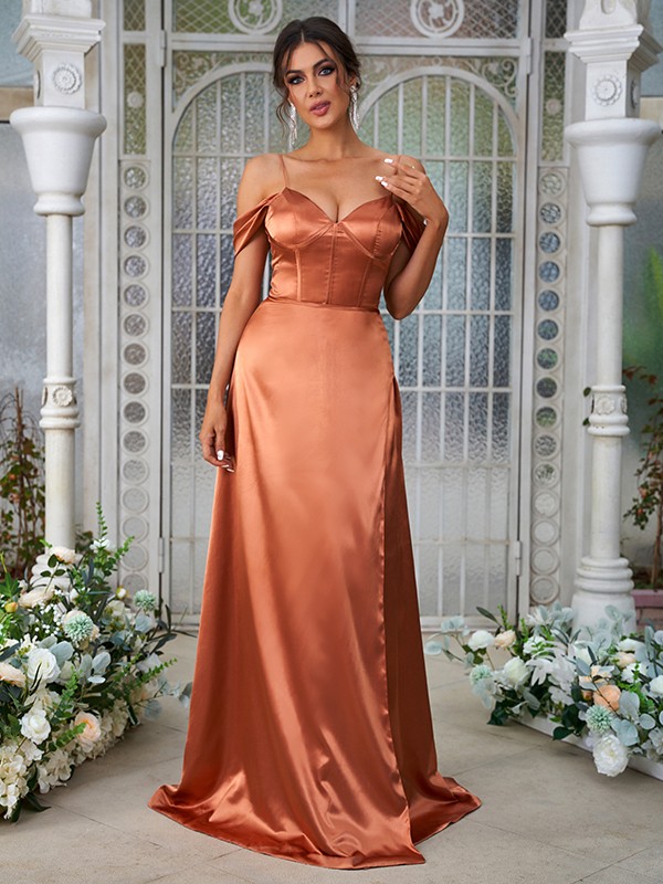 A-Line/Princess Silk like Satin Ruched Sweetheart Sleeveless Sweep/Brush Train Bridesmaid Dresses 2473