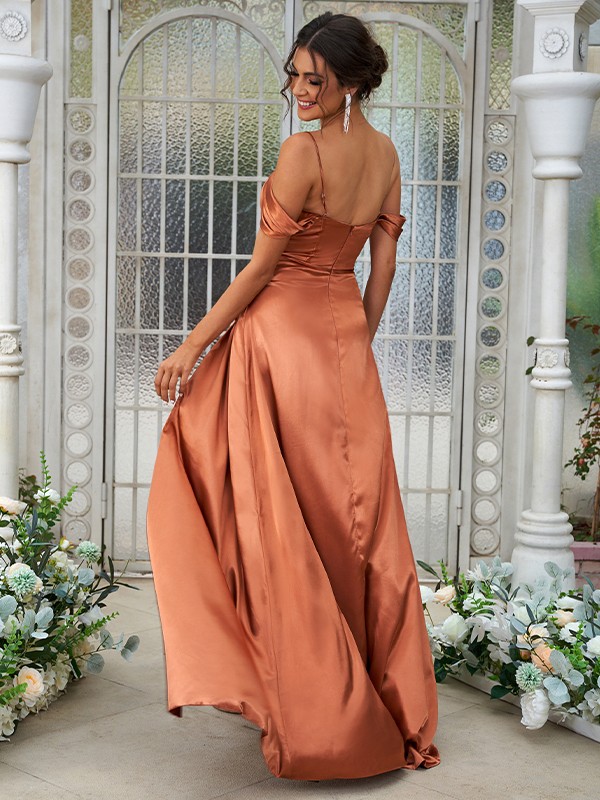 A-Line/Princess Silk like Satin Ruched Sweetheart Sleeveless Sweep/Brush Train Bridesmaid Dresses 2473