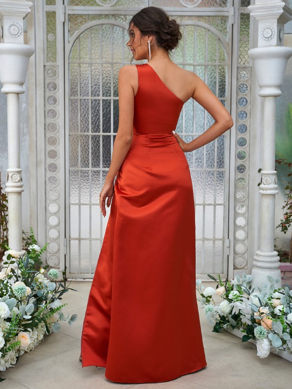 A-Line/Princess Satin Ruched One-Shoulder Sleeveless Floor-Length Bridesmaid Dresses 2430