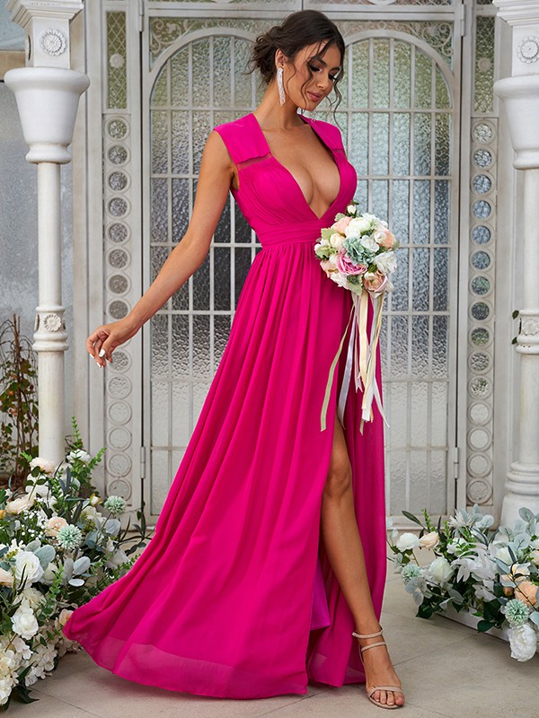 A-Line/Princess Chiffon Ruffles V-neck Sleeveless Floor-Length Bridesmaid Dresses 2238