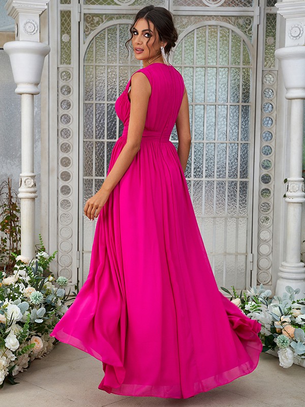 A-Line/Princess Chiffon Ruffles V-neck Sleeveless Floor-Length Bridesmaid Dresses 2238