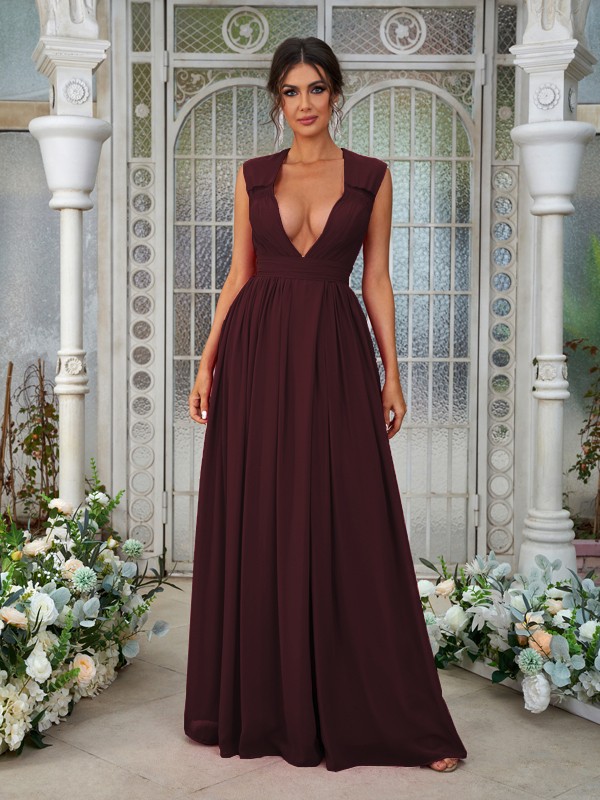 A-Line/Princess Chiffon Ruffles V-neck Sleeveless Floor-Length Bridesmaid Dresses 2238