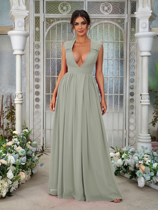 A-Line/Princess Chiffon Ruffles V-neck Sleeveless Floor-Length Bridesmaid Dresses 2238