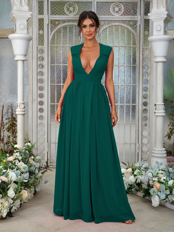 A-Line/Princess Chiffon Ruffles V-neck Sleeveless Floor-Length Bridesmaid Dresses 2238