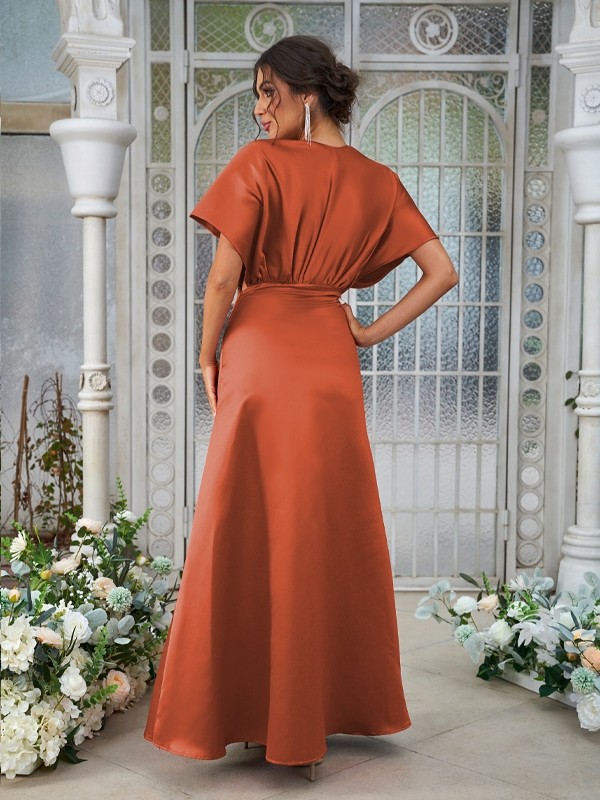 A-Line/Princess Satin Ruched V-neck Short Sleeves Floor-Length Bridesmaid Dresses 2431