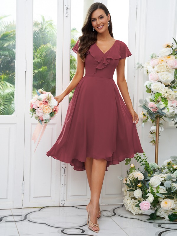 A-Line/Princess Chiffon Ruffles V-neck Short Sleeves Asymmetrical Bridesmaid Dresses 2221