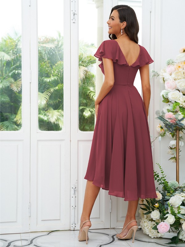 A-Line/Princess Chiffon Ruffles V-neck Short Sleeves Asymmetrical Bridesmaid Dresses 2221