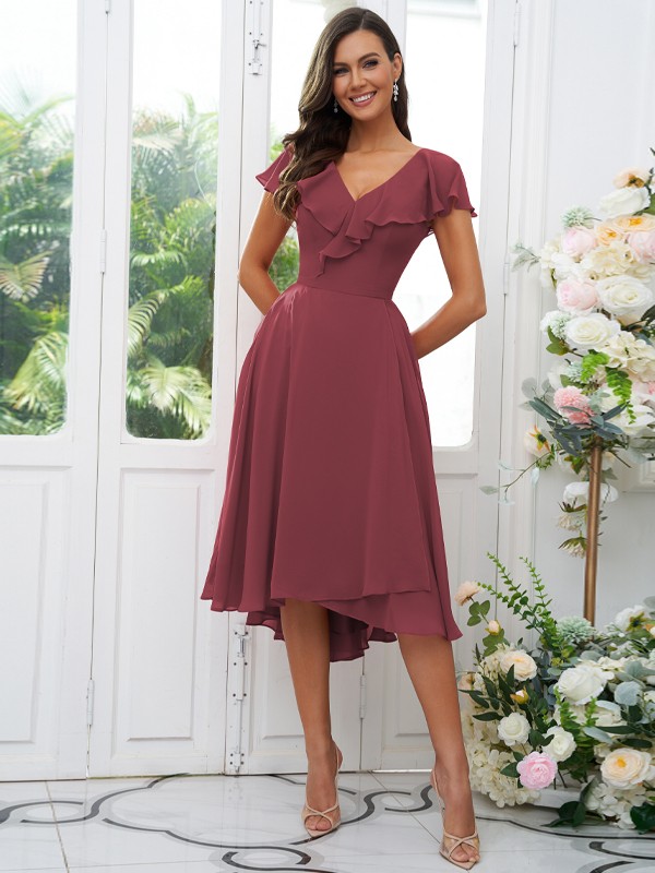 A-Line/Princess Chiffon Ruffles V-neck Short Sleeves Asymmetrical Bridesmaid Dresses 2221