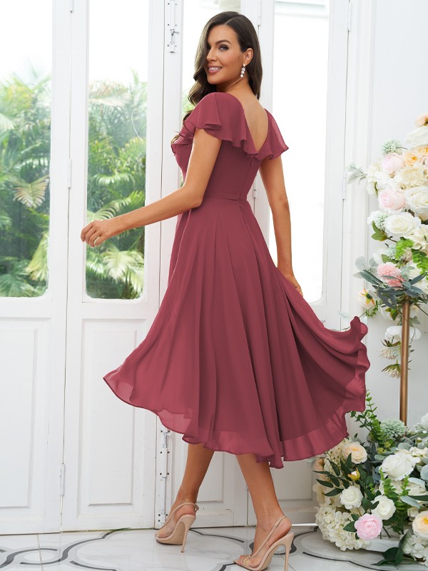 A-Line/Princess Chiffon Ruffles V-neck Short Sleeves Asymmetrical Bridesmaid Dresses 2221