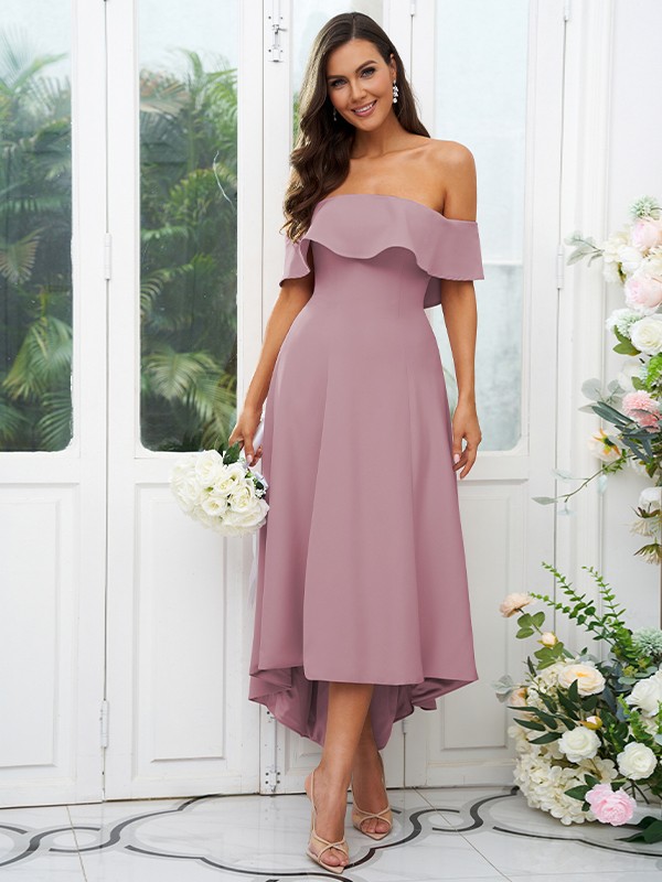 A-Line/Princess Stretch Crepe Ruffles Off-the-Shoulder Sleeveless Asymmetrical Bridesmaid Dresses 2662