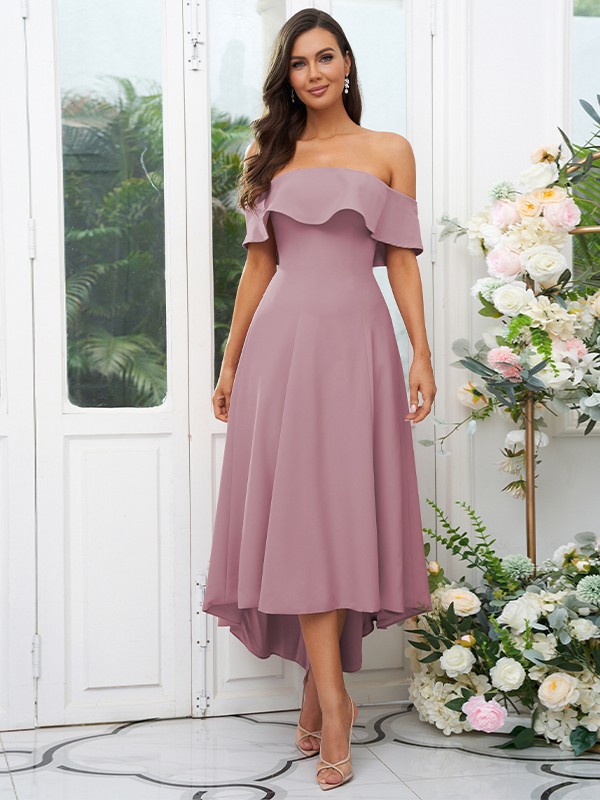 A-Line/Princess Stretch Crepe Ruffles Off-the-Shoulder Sleeveless Asymmetrical Bridesmaid Dresses 2662