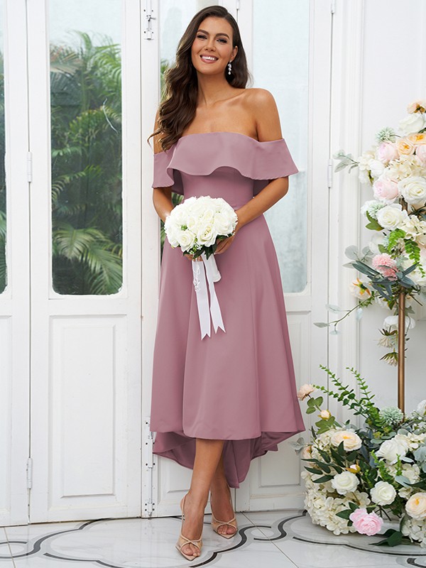 A-Line/Princess Stretch Crepe Ruffles Off-the-Shoulder Sleeveless Asymmetrical Bridesmaid Dresses 2662