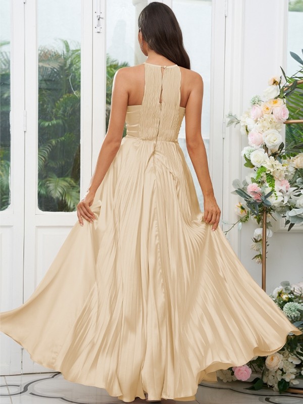 A-Line/Princess Silk like Satin Ruffles Halter Sleeveless Floor-Length Bridesmaid Dresses 2480