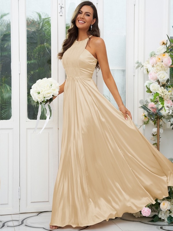 A-Line/Princess Silk like Satin Ruffles Halter Sleeveless Floor-Length Bridesmaid Dresses 2480