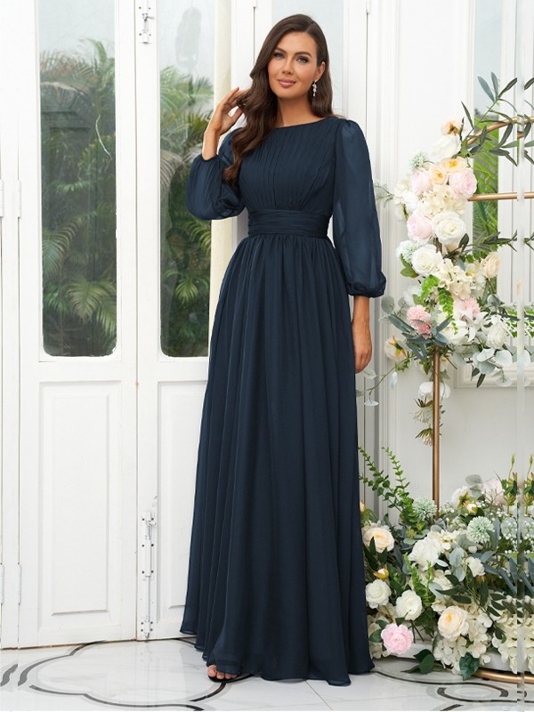 A-Line/Princess 30D Chiffon Ruffles Scoop Long Sleeves Floor-Length Bridesmaid Dresses 2090