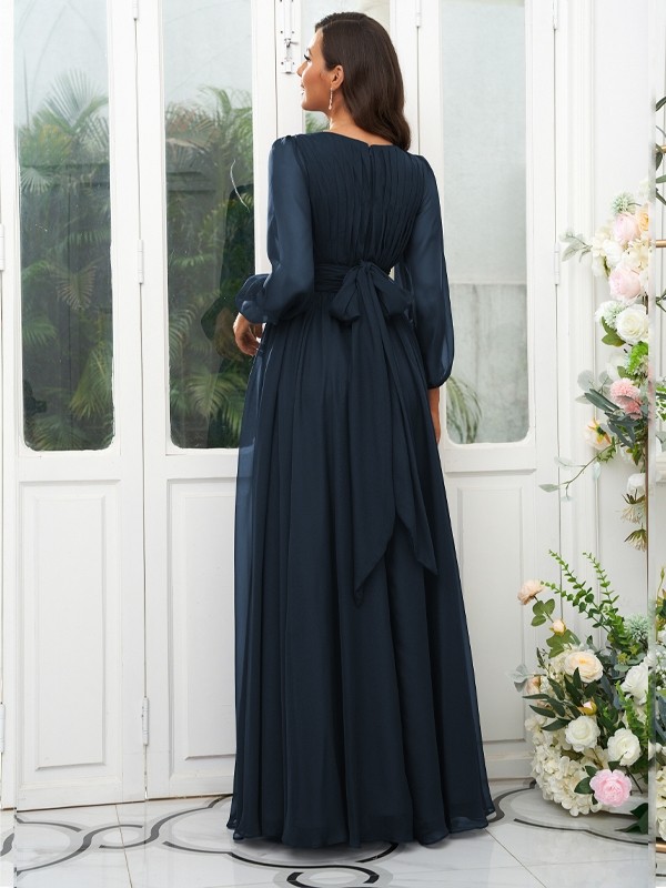 A-Line/Princess 30D Chiffon Ruffles Scoop Long Sleeves Floor-Length Bridesmaid Dresses 2090