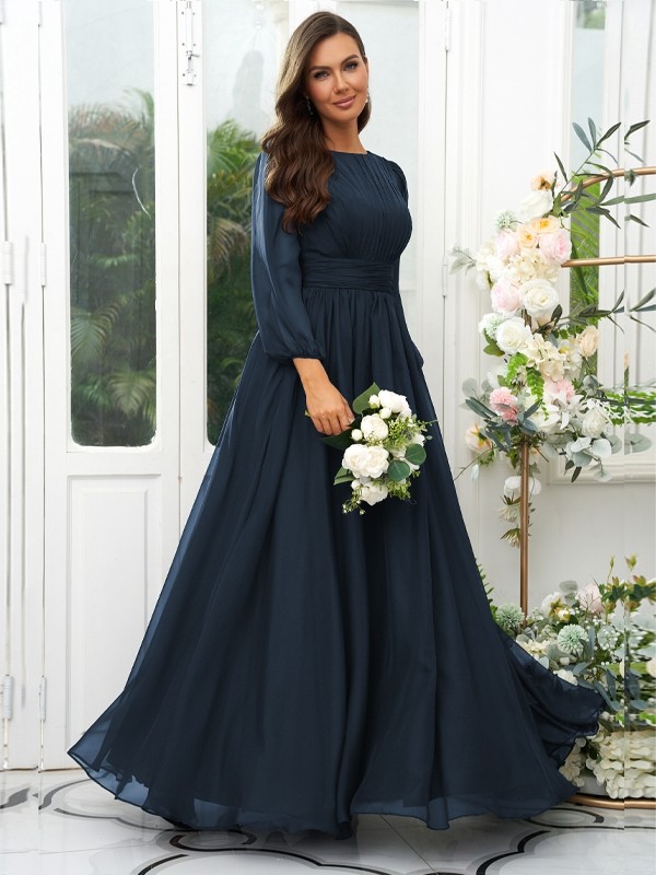 A-Line/Princess 30D Chiffon Ruffles Scoop Long Sleeves Floor-Length Bridesmaid Dresses 2090