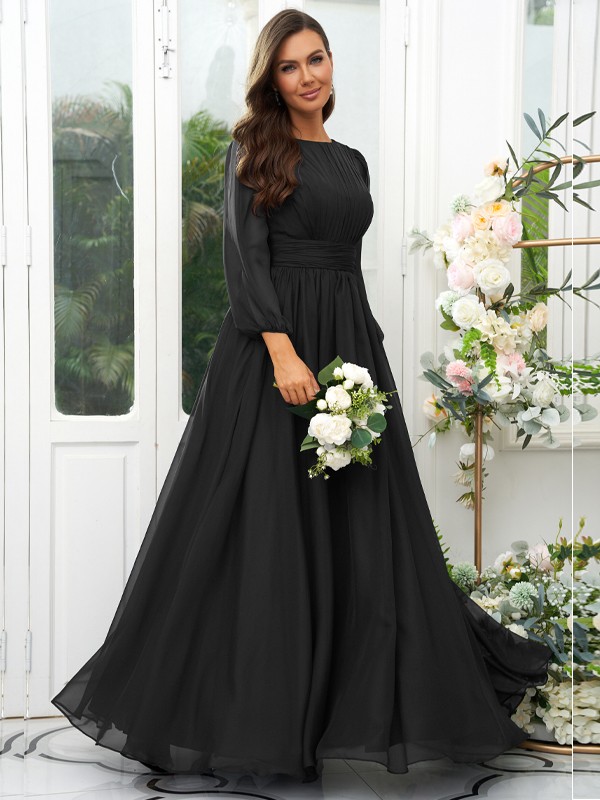 A-Line/Princess 30D Chiffon Ruffles Scoop Long Sleeves Floor-Length Bridesmaid Dresses 2090