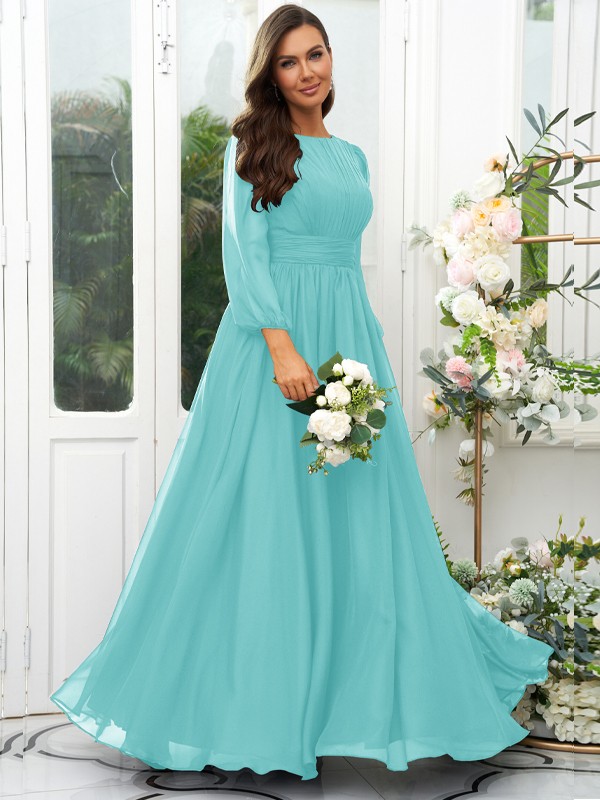 A-Line/Princess 30D Chiffon Ruffles Scoop Long Sleeves Floor-Length Bridesmaid Dresses 2090