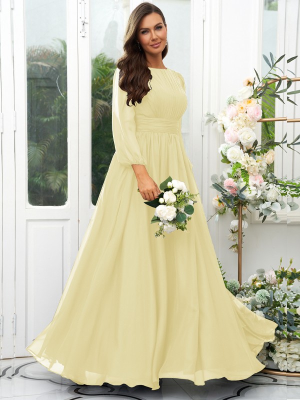 A-Line/Princess 30D Chiffon Ruffles Scoop Long Sleeves Floor-Length Bridesmaid Dresses 2090