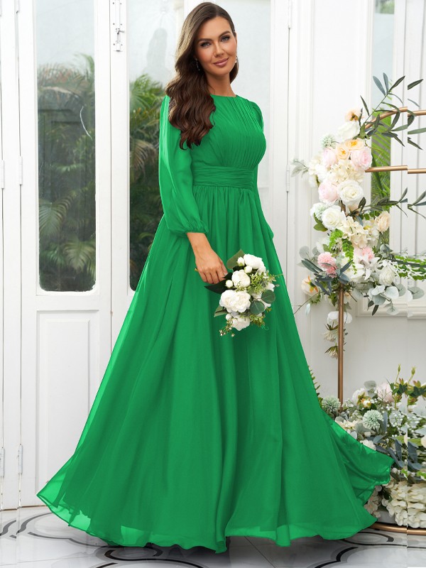 A-Line/Princess 30D Chiffon Ruffles Scoop Long Sleeves Floor-Length Bridesmaid Dresses 2090