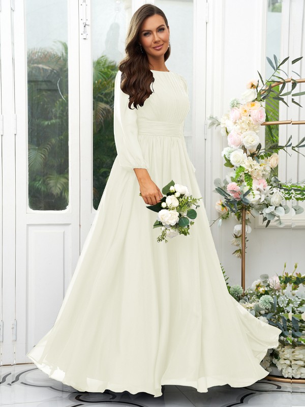 A-Line/Princess 30D Chiffon Ruffles Scoop Long Sleeves Floor-Length Bridesmaid Dresses 2090