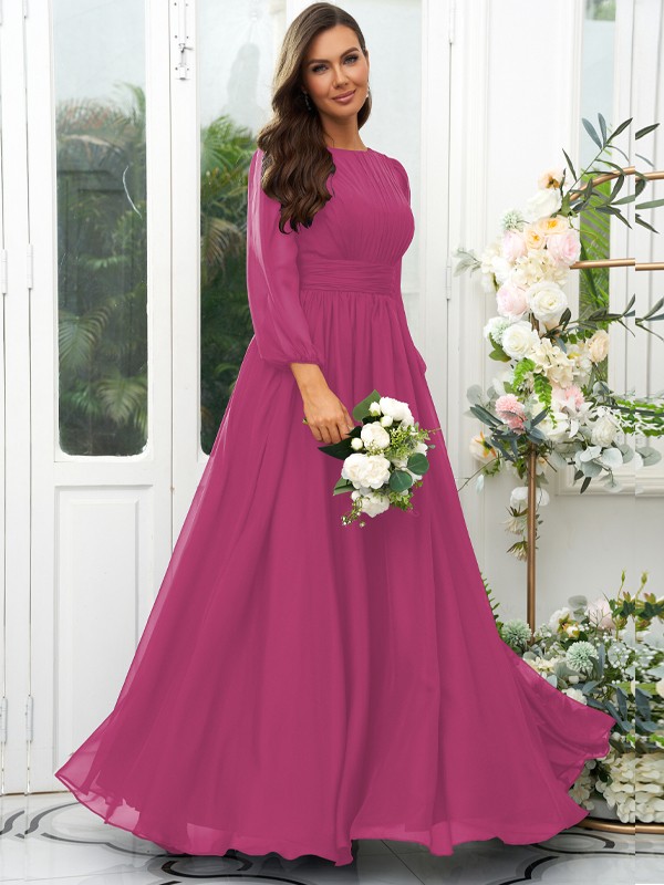 A-Line/Princess 30D Chiffon Ruffles Scoop Long Sleeves Floor-Length Bridesmaid Dresses 2090