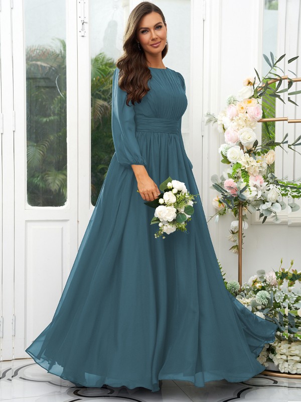 A-Line/Princess 30D Chiffon Ruffles Scoop Long Sleeves Floor-Length Bridesmaid Dresses 2090