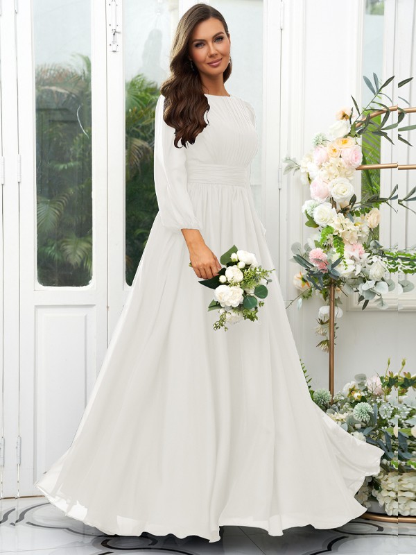 A-Line/Princess 30D Chiffon Ruffles Scoop Long Sleeves Floor-Length Bridesmaid Dresses 2090