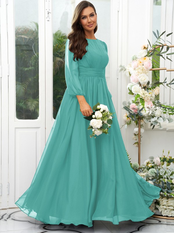 A-Line/Princess 30D Chiffon Ruffles Scoop Long Sleeves Floor-Length Bridesmaid Dresses 2090