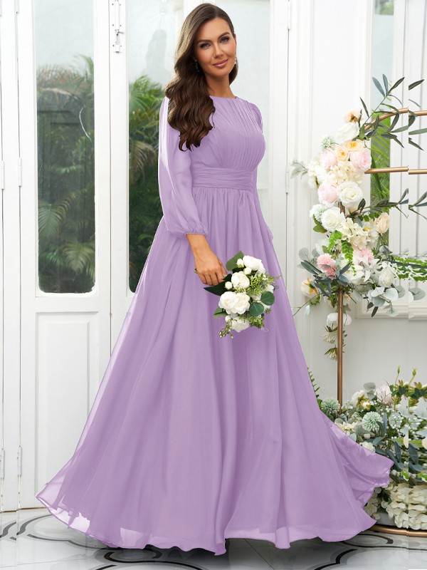 A-Line/Princess 30D Chiffon Ruffles Scoop Long Sleeves Floor-Length Bridesmaid Dresses 2090