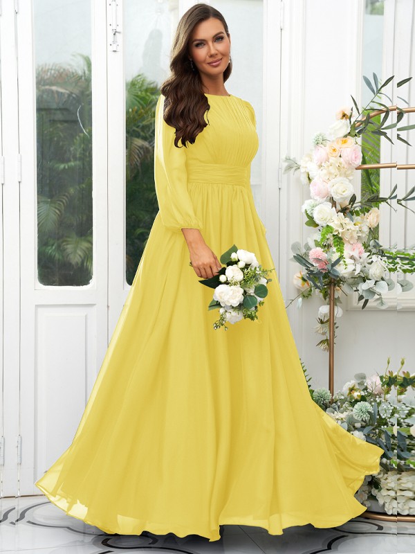 A-Line/Princess 30D Chiffon Ruffles Scoop Long Sleeves Floor-Length Bridesmaid Dresses 2090