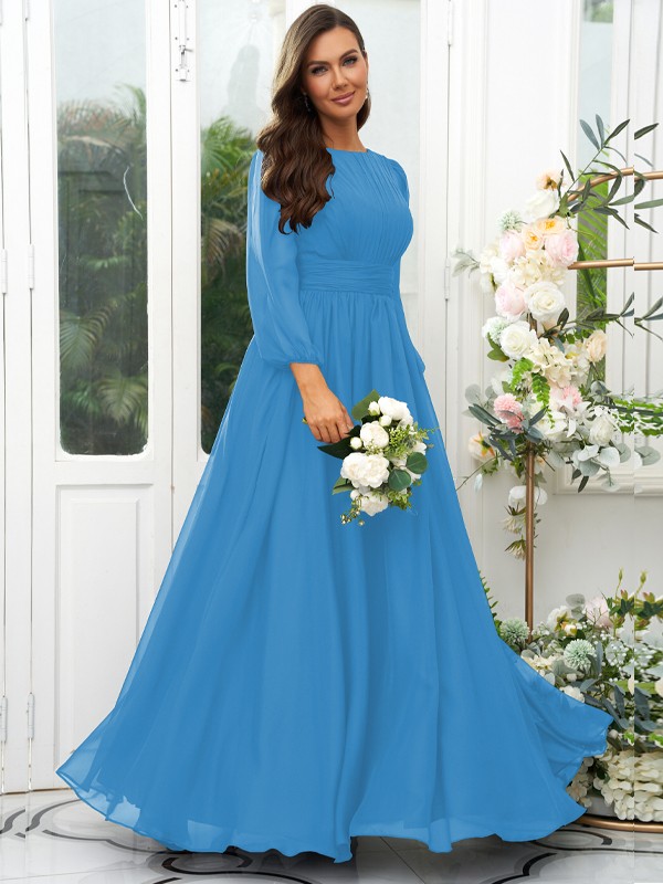 A-Line/Princess 30D Chiffon Ruffles Scoop Long Sleeves Floor-Length Bridesmaid Dresses 2090