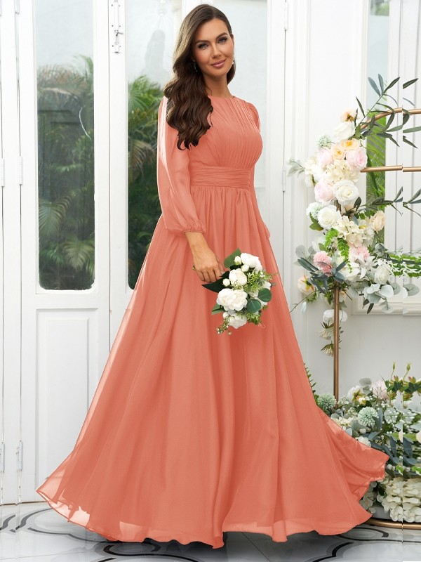 A-Line/Princess 30D Chiffon Ruffles Scoop Long Sleeves Floor-Length Bridesmaid Dresses 2090