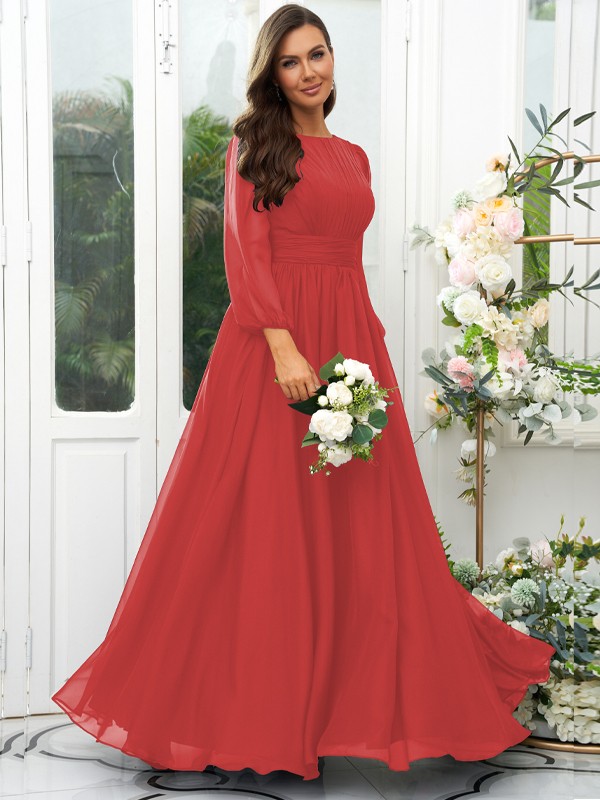 A-Line/Princess 30D Chiffon Ruffles Scoop Long Sleeves Floor-Length Bridesmaid Dresses 2090