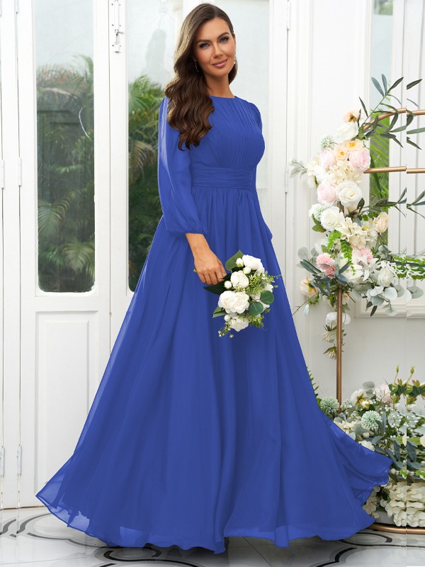 A-Line/Princess 30D Chiffon Ruffles Scoop Long Sleeves Floor-Length Bridesmaid Dresses 2090