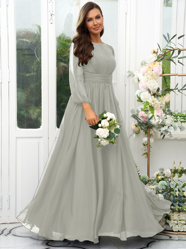 A-Line/Princess 30D Chiffon Ruffles Scoop Long Sleeves Floor-Length Bridesmaid Dresses 2090