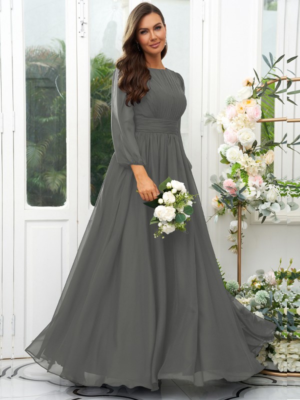 A-Line/Princess 30D Chiffon Ruffles Scoop Long Sleeves Floor-Length Bridesmaid Dresses 2090