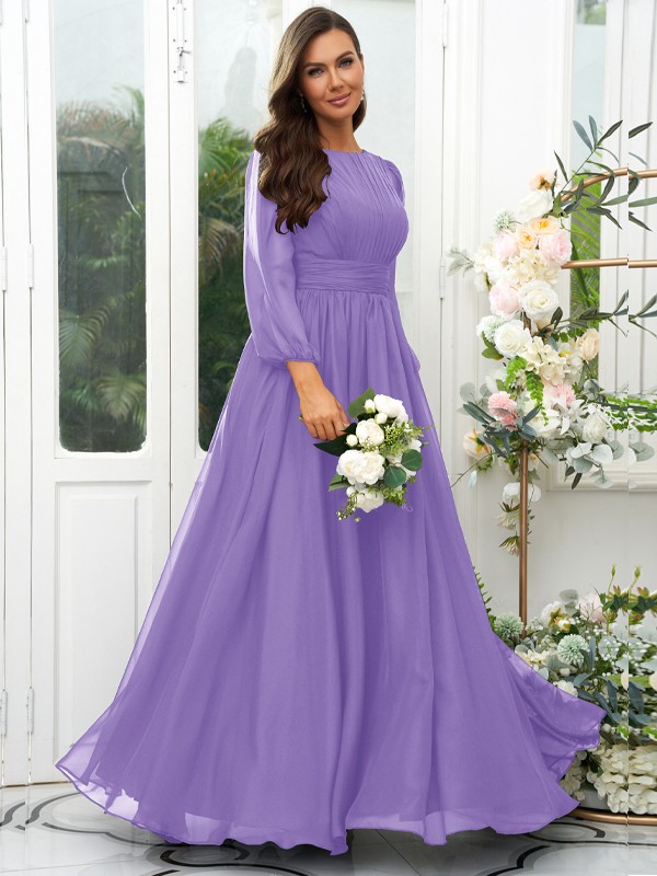 A-Line/Princess 30D Chiffon Ruffles Scoop Long Sleeves Floor-Length Bridesmaid Dresses 2090