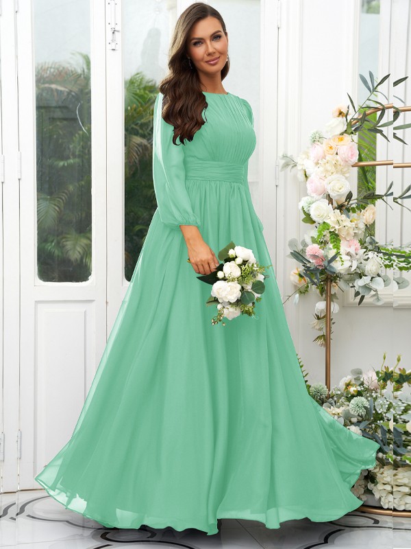 A-Line/Princess 30D Chiffon Ruffles Scoop Long Sleeves Floor-Length Bridesmaid Dresses 2090