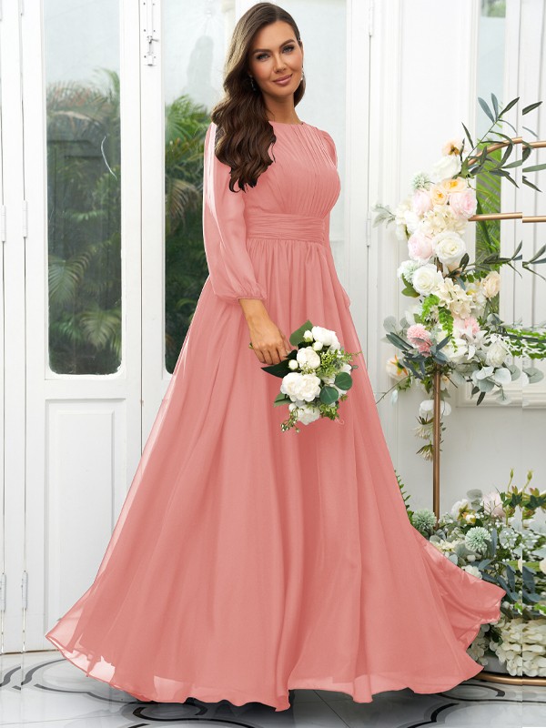 A-Line/Princess 30D Chiffon Ruffles Scoop Long Sleeves Floor-Length Bridesmaid Dresses 2090