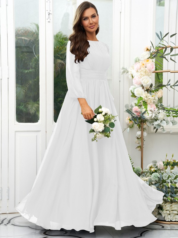 A-Line/Princess 30D Chiffon Ruffles Scoop Long Sleeves Floor-Length Bridesmaid Dresses 2090