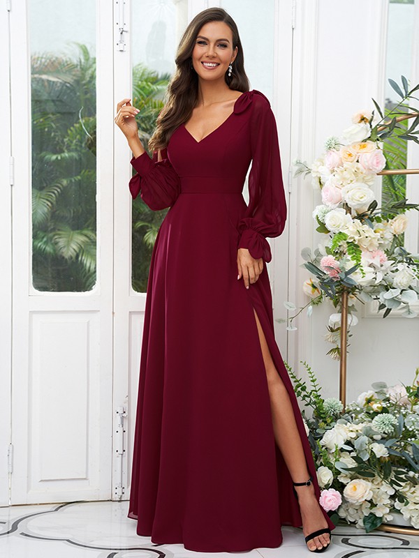 A-Line/Princess Chiffon Bowknot V-neck Long Sleeves Floor-Length Bridesmaid Dresses 2136