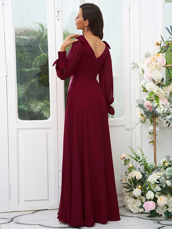 A-Line/Princess Chiffon Bowknot V-neck Long Sleeves Floor-Length Bridesmaid Dresses 2136