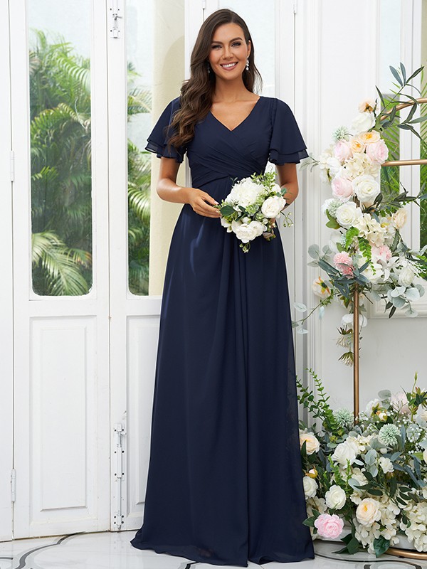 A-Line/Princess Chiffon Ruffles V-neck Short Sleeves Floor-Length Bridesmaid Dresses 2225