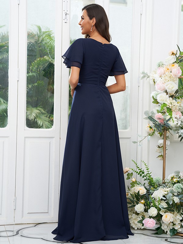 A-Line/Princess Chiffon Ruffles V-neck Short Sleeves Floor-Length Bridesmaid Dresses 2225