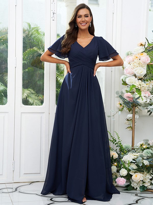 A-Line/Princess Chiffon Ruffles V-neck Short Sleeves Floor-Length Bridesmaid Dresses 2225