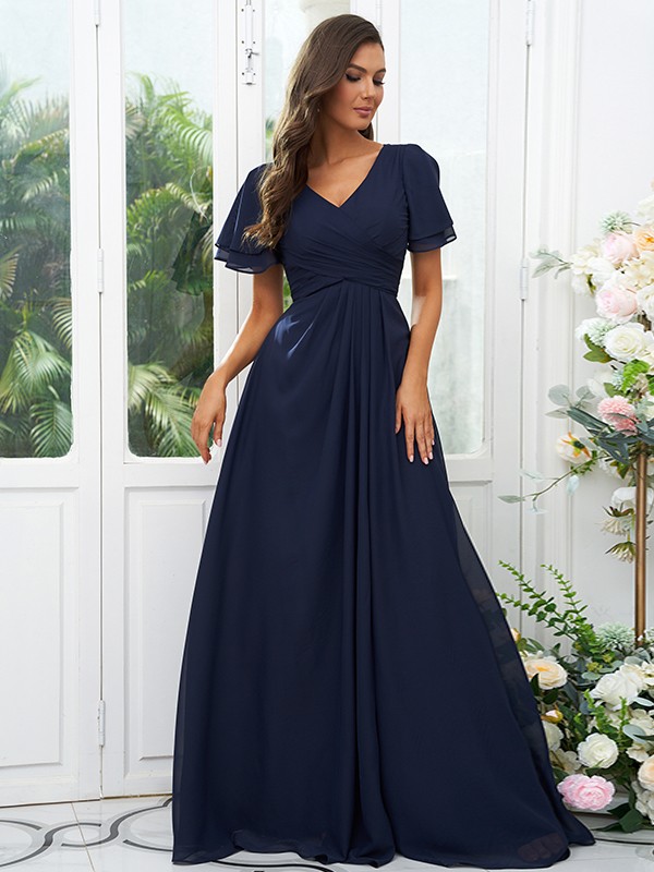 A-Line/Princess Chiffon Ruffles V-neck Short Sleeves Floor-Length Bridesmaid Dresses 2225